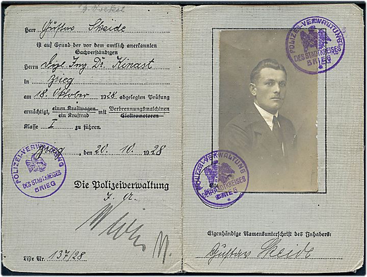 Führerschein med foto udstedt i Brieg d. 20.10.1928.