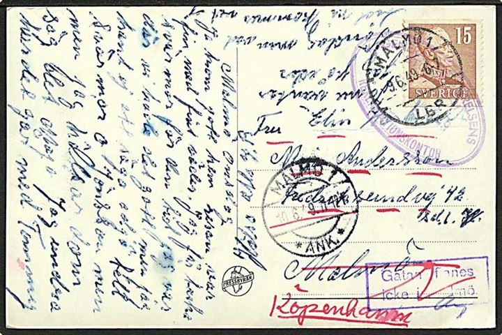 15 öre Gustaf single på lokalt brevkort i Malmö d. 9.6.1949. Ubekendt efter adressen og eftersendt til København, Danmark.