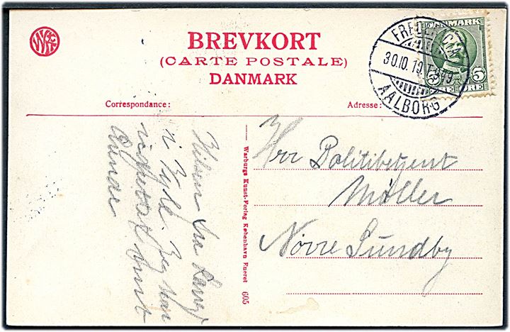 5 øre Fr. VIII på brevkort (Vejle Raadhus) annulleret med bureaustempel Fredericia - Aalborg T.949 d. 30.10.1910 til Nørresundby.