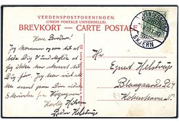 5 øre Fr. VIII på brevkort (Gadeparti i Herning) annulleret med bureaustempel Skanderborg - Skjern T.993 d. 24.8.1907 til København.