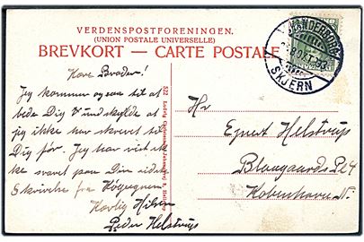 5 øre Fr. VIII på brevkort (Gadeparti i Herning) annulleret med bureaustempel Skanderborg - Skjern T.993 d. 24.8.1907 til København.