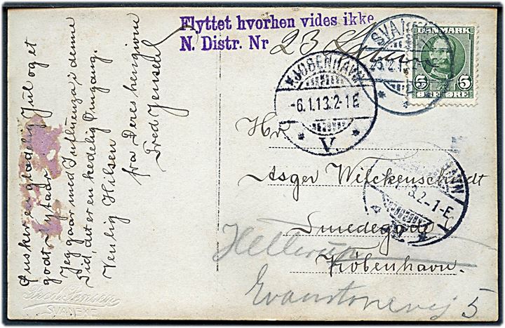 5 øre Fr. VIII på brevkort fra Svaneke d. 25.12.1912 til København - eftersendt til Hellerup. Violet stempel Flyttet hvorhen vides ikke / N. Distr. Nr..