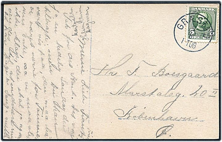 5 øre Fr. VIII på brevkort annulleret med lapidar Græsted d. 9.8.190x til København. Lapidar stempel benyttet som reservestempel i perioden 1908-1912.