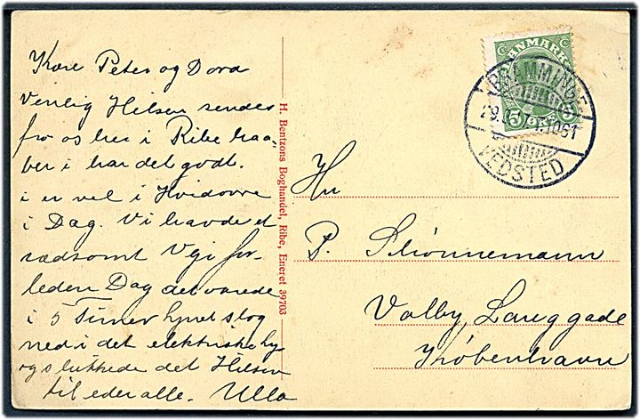 5 øre Chr. X på brevkort (Ribe, interiør fra Weis's Stue) annulleret med bureaustempel Bramminge - Vedsted T.1061 d. 29.3.1917 til København.