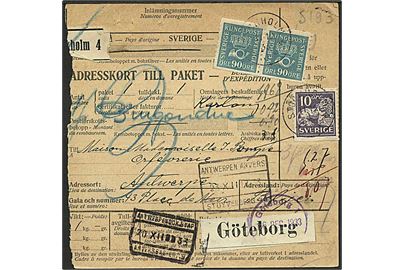 10 öre Løve og 90 öre Posthorn i parstykke på internationalt adressekort for pakke fra Stockholm d. 11.12.1933 via Göteborg til Antwerpen, Belgien.