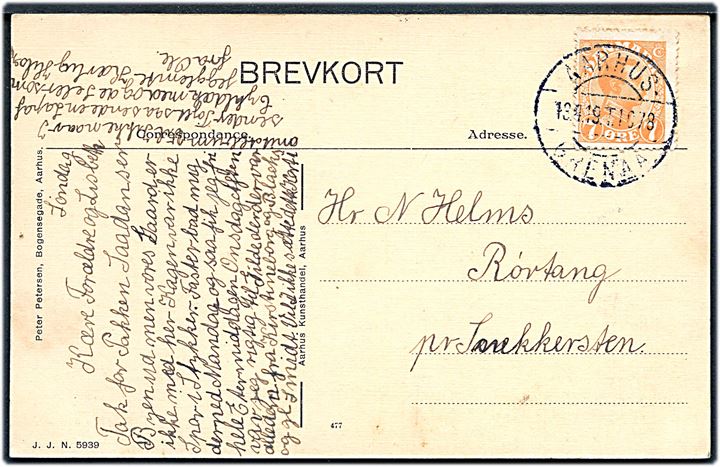 7 øre Chr. X på brevkort (Partier fra Skødstrup) annulleret med bureaustempel Aarhus - Grenaa T.1078 d. 13.4.1919 til Rørtang pr. Snekkersten.