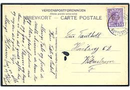 15 øre Chr. X på brevkort (Parti fra Hundested) annulleret med bureaustempel Hillerød - Hundested T.7 d. 1.6.1923 til København.