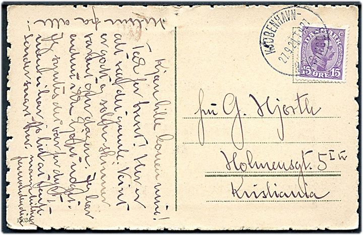 15 øre Chr. X på brevkort annulleret med bureaustempel Kjøbenhavn - Helsingør T.427 d. 27.9.1921 til Kristiania, Norge.