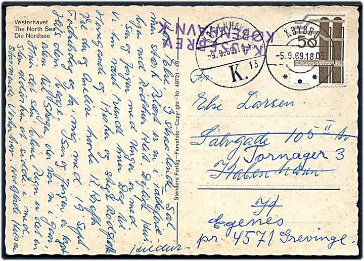 50 øre Danmarks Industri på brevkort fra Åbybro d. 5.9.1969 til København - privat omadresseret til Egense pr. Grevinge med stempel Kassebrev København K..