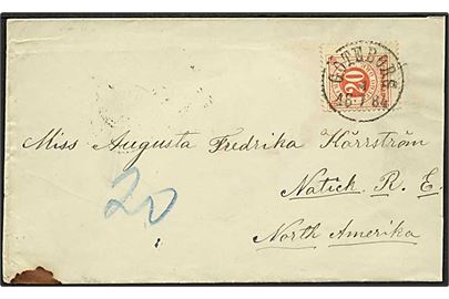 20 öre Ringtype single på brev fra Göteborg d. 4.7.1884 via New York til Natich, USA.