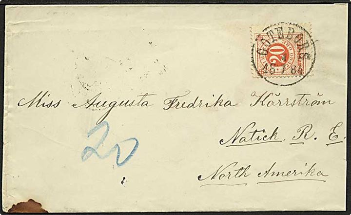 20 öre Ringtype single på brev fra Göteborg d. 4.7.1884 via New York til Natich, USA.
