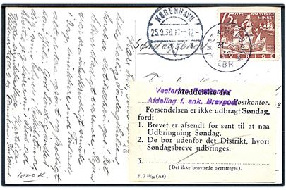 15 öre Nys Sverige Minnet på søndagsbrevkort fra Katrineholm d. 24.9.1938 til København, Danmark. Påsat meddelelse - F.7 12/34 (A8) - fra Vesterbro postkontor om at brevkortet er afsendt for sent til at nå udbringning søndag.