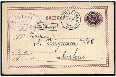 6 öre Tre Kroner helsagsbrevkort fra Helsingborg annulleret med dansk nr.stempel 24 og sidestemplet lapidar Helsingør d. 13.11.1883 og Fra Sverrig til Aarhus, Danmark.