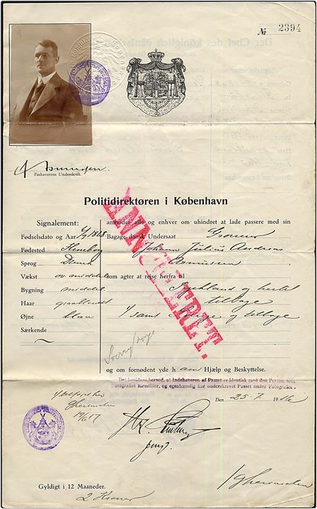 Rejsepas med foto for rejse til Tyskland fra Politidirektøren i København d. 25.7.1916.
