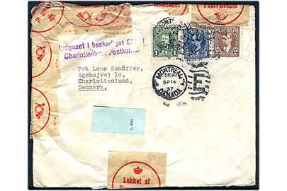 1 c., 2 c. og 5 c. George VI på brev fra Montreal d. 14.9.1937 til Charlottenlund, Danmark. Lukket med pergamyn etiket Lukket af Postvæsenet og stemplet Indgaaet i beskadiget Stand / Charlottenlund Postkontor. Medfølger pergamynkuvert.