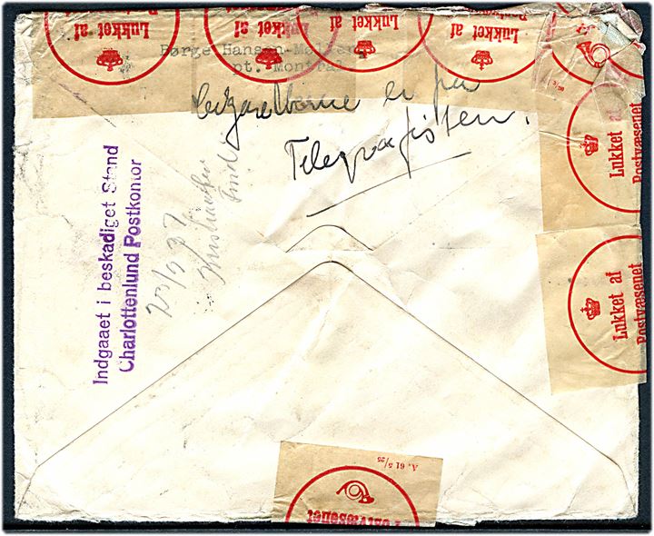 1 c., 2 c. og 5 c. George VI på brev fra Montreal d. 14.9.1937 til Charlottenlund, Danmark. Lukket med pergamyn etiket Lukket af Postvæsenet og stemplet Indgaaet i beskadiget Stand / Charlottenlund Postkontor. Medfølger pergamynkuvert.