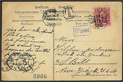 10 öre Oscar på underfrankeret brevkort fra Katrineholm d. 14.12.1905 til New York, USA. Violet 12½ cent. portostempel.