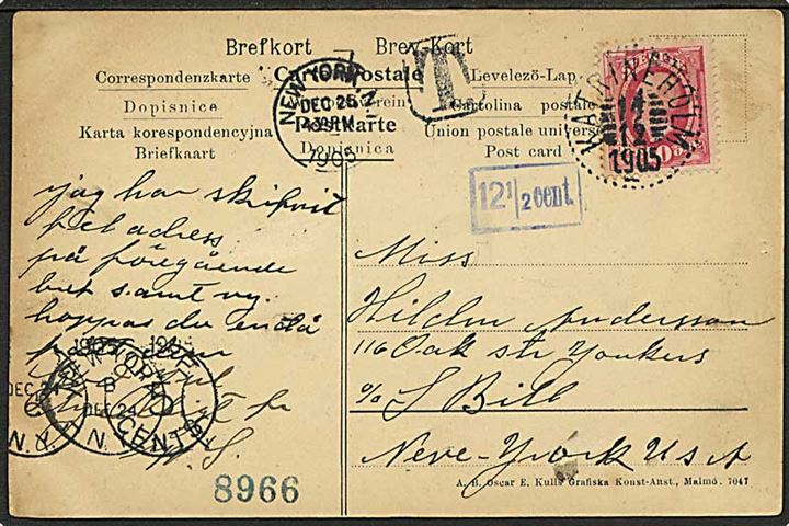 10 öre Oscar på underfrankeret brevkort fra Katrineholm d. 14.12.1905 til New York, USA. Violet 12½ cent. portostempel.