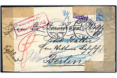 20 øre Chr. X single på brev fra Kjøbenhavn d. 25.1.1918 til Berlin, Tyskland. Retur som ubekendt med flere stempler og åbnet 2 gange af den tyske censur i Berlin.