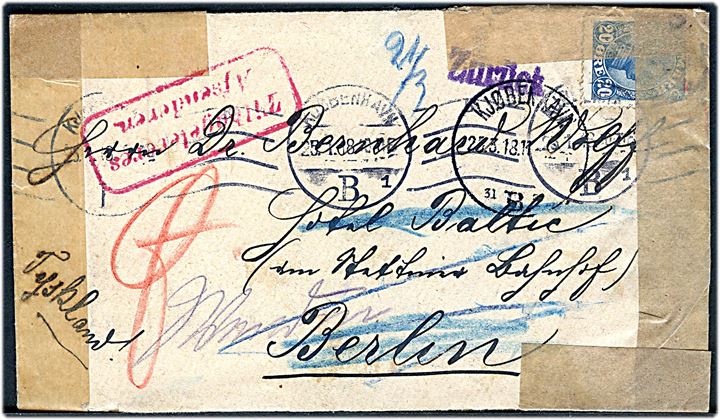 20 øre Chr. X single på brev fra Kjøbenhavn d. 25.1.1918 til Berlin, Tyskland. Retur som ubekendt med flere stempler og åbnet 2 gange af den tyske censur i Berlin.