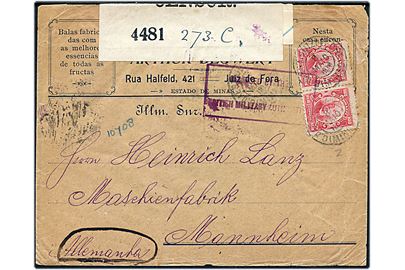 100 reis (2) på brev stemplet d. 8.5.1916 til Mannheim, Tyskland. Dobbelt censureret af den britiske censur med banderole 4481 samt rammestempel Released by the British Military Authorities. 