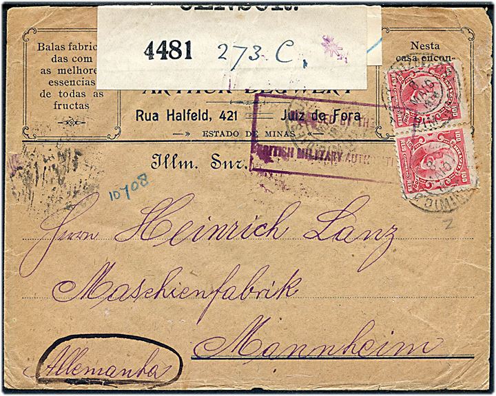 100 reis (2) på brev stemplet d. 8.5.1916 til Mannheim, Tyskland. Dobbelt censureret af den britiske censur med banderole 4481 samt rammestempel Released by the British Military Authorities. 