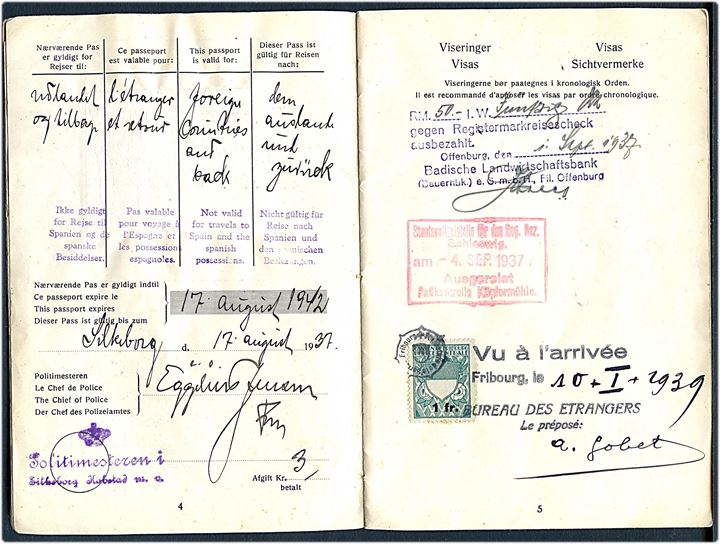 Rejsepas med foto udstedt i Silkeborg 1938. Indeholder visering fra Schweiz med stempelmærke. Olaf O. Barfod.
