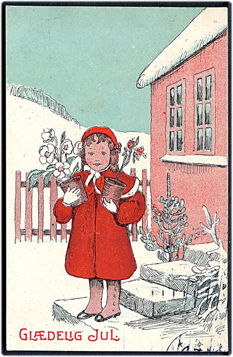 Glædelig Jul. Pige med blomster. P. Hansen, serie 508/4. 