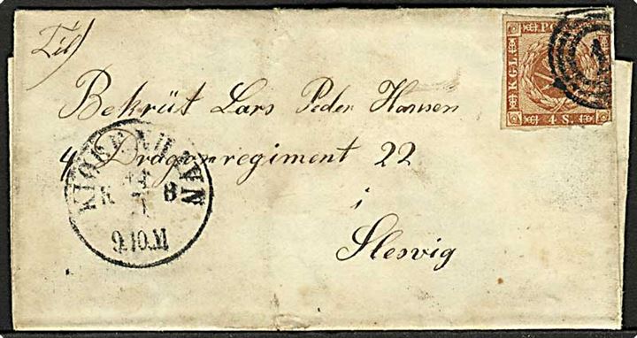 4 sk. 1858 udg. på brev annulleret med nr.stempel 1 og sidestemplet Kjøbenhavn d. 14.1.18xx til Rekrut ved 4. Dragonregiment i Slesvig. Kuvert medtaget.