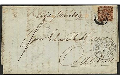 4 sk. 1858 udg. på brev annulleret med nr.stempel 2 og sidestemplet K.D.O.P.A. Hamburg d. 18.4.1861 til Odense. Påskrevet: via Flensburg.