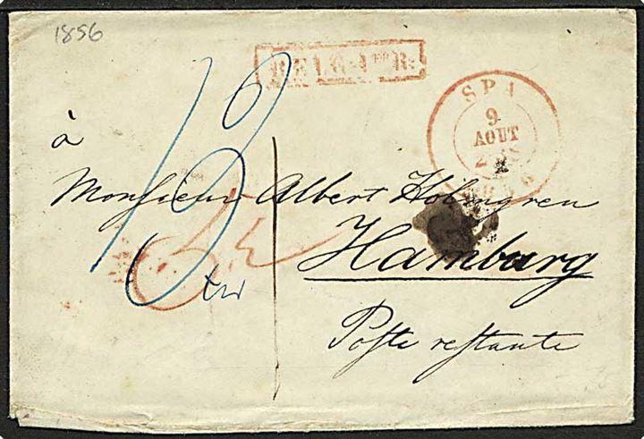 1856. Ufrankeret portobrev fra Spa d. 9.8.1856 til Poste Restante i Hamburg. Rødt Aachen grænse stempel og ank.stemplet Hamburg Th.& T. d. 10.8.1856.
