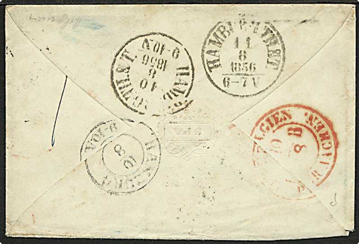 1856. Ufrankeret portobrev fra Spa d. 9.8.1856 til Poste Restante i Hamburg. Rødt Aachen grænse stempel og ank.stemplet Hamburg Th.& T. d. 10.8.1856.