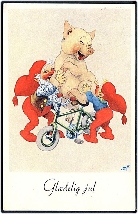 Vilhelm Hansen: Glædelig Jul. Nisser hjælper grisen op på cyklen. Stenders, serie 609-32. 