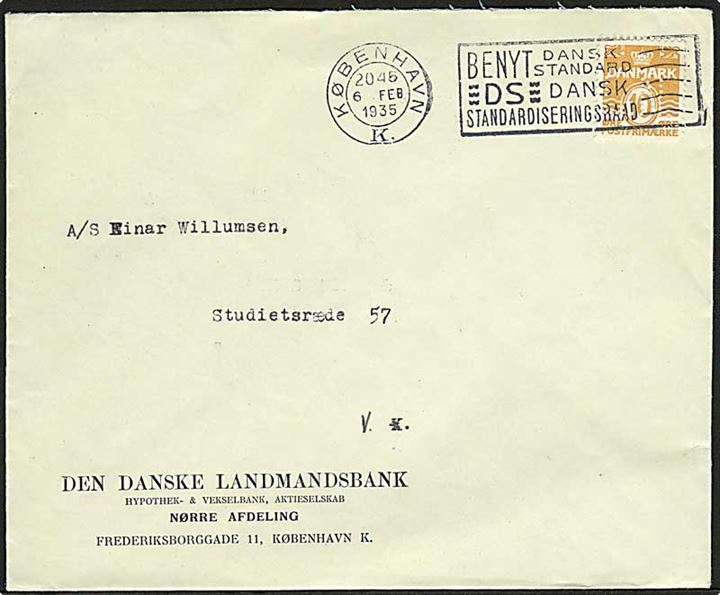 10 øre Bølgelinie med perfin L.N. på lokalbrev fra Den danske Landmandsbank - Nørrebro afd. stemplet København d. 6.2.1935.