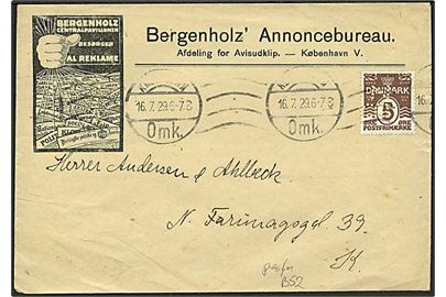 5 øre Bølgelinie med perfin Bz på illustreret lokalbrev fra Bergenholz' Annoncebureau stemplet København d. 16.7.1929.