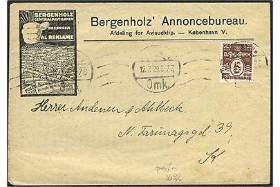 5 øre Bølgelinie med perfin Bz på illustreret lokalbrev fra Bergenholz' Annoncebureau stemplet København d. 12.7.1929.