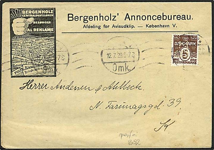 5 øre Bølgelinie med perfin Bz på illustreret lokalbrev fra Bergenholz' Annoncebureau stemplet København d. 12.7.1929.