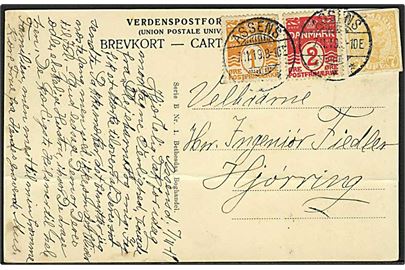 7 øre Chr. X helsagsafklip, samt 1 øre og 2 øre Bølgelinie på brevkort fra Assens d. 7.11.1919 til Hjørring. Vandret fold.