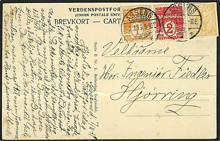 7 øre Chr. X helsagsafklip, samt 1 øre og 2 øre Bølgelinie på brevkort fra Assens d. 7.11.1919 til Hjørring. Vandret fold.