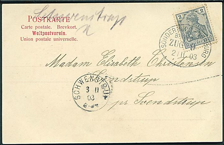 2 pfg. Germania på lokalt brevkort annulleret med bureau Sonderburg - Norburg Bahnpost Zug 9 d. 2.2.1903 og håndskrevet “Schwenstrup” til Schwenstrup. Afs. sted påskrevet i jernbanebureauet for at angive korrekt lokal porto. Ank.stemplet med enringsstempel Schwenstrup.