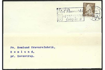 20 øre brun Fr. IX på brevkort fra Århus d. 3.5.1962 til Romlund. Mærket med perfin A.62 - A/S Hans Schourup.
