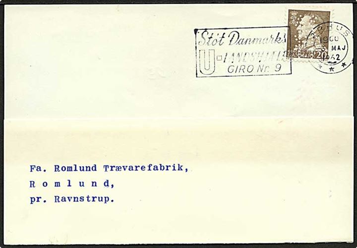 20 øre brun Fr. IX på brevkort fra Århus d. 3.5.1962 til Romlund. Mærket med perfin A.62 - A/S Hans Schourup.
