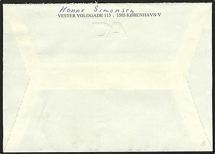 3,20 kr. violet Dr. Margrethe på lokalt sendt brev fra København d. 7.8.1989. Mærket med perfin D.06 - DA = Dansk Arbejdsgiverforening.
