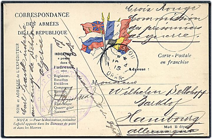 Ufrankeret fransk feltpostkort brugt som krigsfangekort fra tysk krigsfange i Sebdou, Oran Algeriet d. 18.4.1915 til Hamburg, Tyskland. 