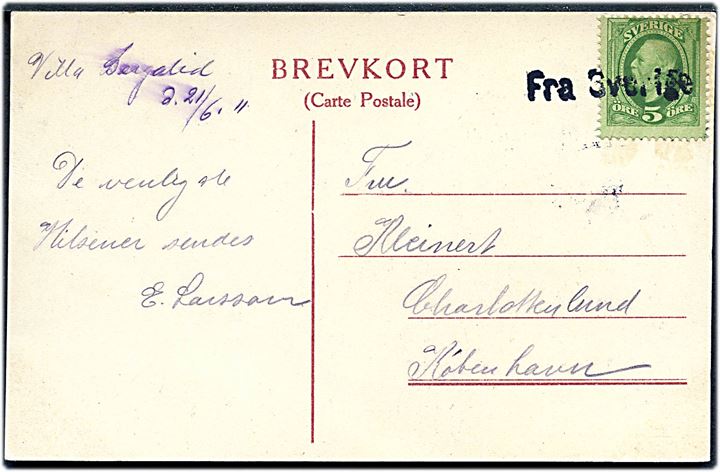 5 öre Oscar II på brevkort dateret d. 21.6.1911 og annulleret med skibsstempel Fra Sverige til Charlottenlund, Danmark.