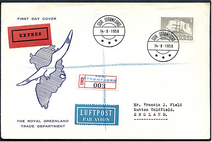 5 kr. Ishavsskib single på illustreret anbefalet luftpost ekspres FDC fra Sdr. Strømfjord d. 14.8.1958 til Sutton Coldfield, England. Afs. bortklippet.