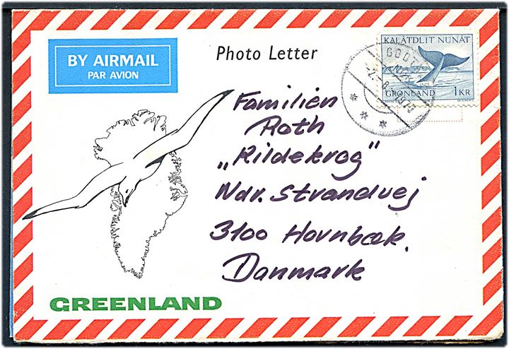 1 kr. Grønlandshval på Photo Letter fra Godthåb d. 2.8.1977 til Hornbæk.