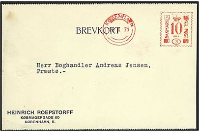 10 øre firmafranko frankeret brevkort med NEOPOST nr. 3 fra firma Heinrich Roepstorff i København d. 19.10.1935 til Præstø.