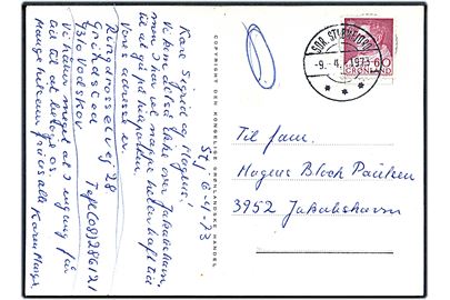 60 øre Fr. IX på brevkort (Trommedanser) placeret over stempel Postage Paid / Porto Betalt stemplet Sdr. Strømfjord d. 9.4.1973 til Jakobshavn. Medfølger lille klip med samme stempel.