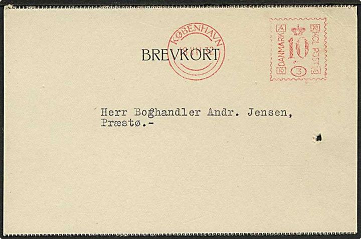 10 øre firmafranko frankeret brevkort med NEOPOST nr. 3 fra firma Heinrich Roepstorff i København d. 18.7.1932 til Præstø.